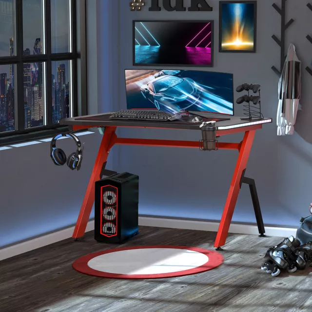 LED Ergonomic Gaming Desk Computer Table with Cup Holder Cable Management, Red