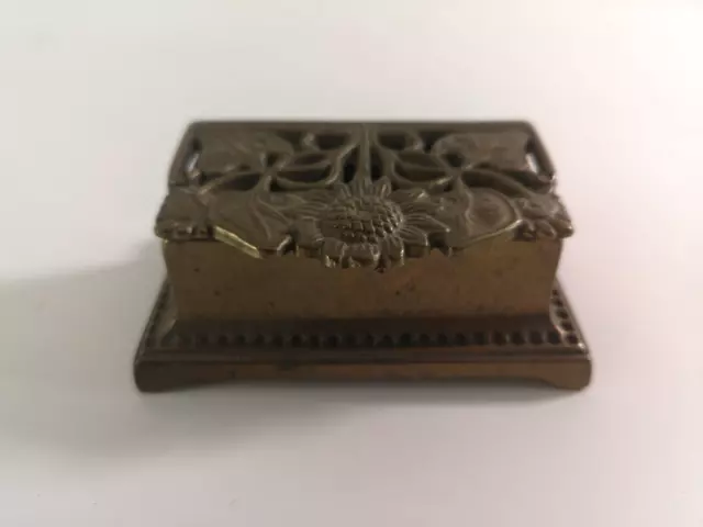 Vintage Edwardian Brass Art Nouveau Floral Design Stamp Box Antique