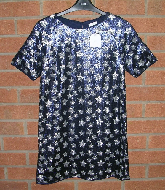Abito nuovo con etichette NEXT Navy Paillettes Star blu scintillante età 11 NUOVO Natale prezzo di zecca £42