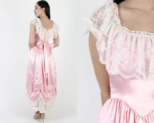 Vintage 80s Fairytale Princess Dress Pink Satin Lace Off Shoulder Prom Gown Maxi