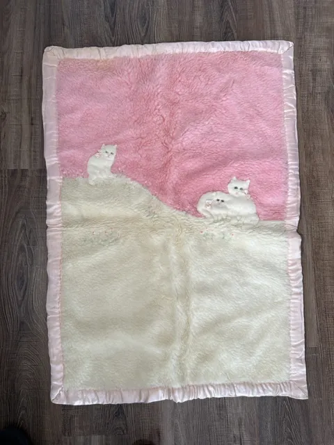 Vintage Pink Satin Trim Baby Blanket Cat Kitten 50s 60's Needle Felted Handmade