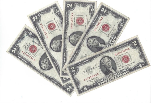Group of 5 - 1963 $2 Two Dollar Red Seal Notes - Legal Tender - S32