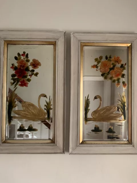 antique edwardian decorative pair of painted swan and roses mirrors