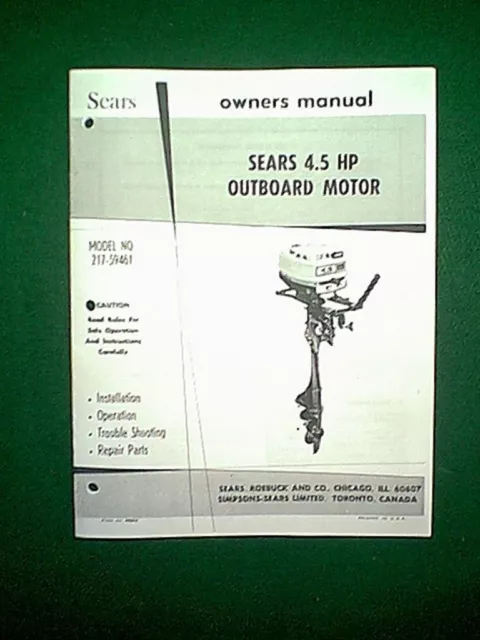 Sears 4.5 Hp Outboard Motor Owner's With  Parts Manual