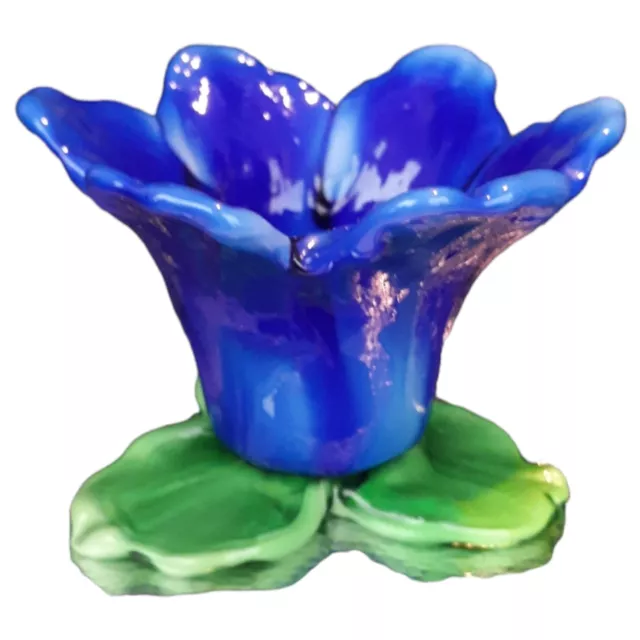 Hand Blown Art Glass Floral Candle Holder Cobalt Blue Flower Green Leaf Base