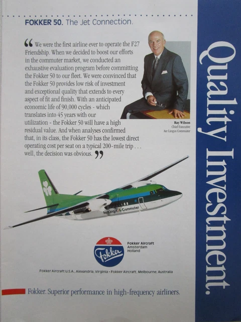 5/1990 Pub Fokker Aircraft Fokker 50 Aer Lingus Commuter Ray Wilson Original Ad