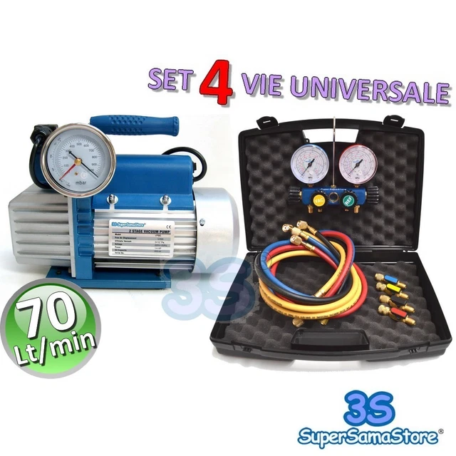 3S POMPA VUOTO BISTADIO 70 Lt + SET MANOMETRICO 4 VIE GAS R410A R407C R32 R134A 3S POMPA VUOTO BISTADIO 70 Lt + SET MANOMETRICO 4 VIE GAS R410A R407C R32 R134A