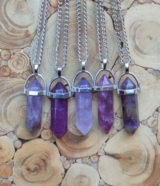 Amethyst Quartz Chakra Crystal Healing Point Cut Gemstone Pendant Reiki Necklace