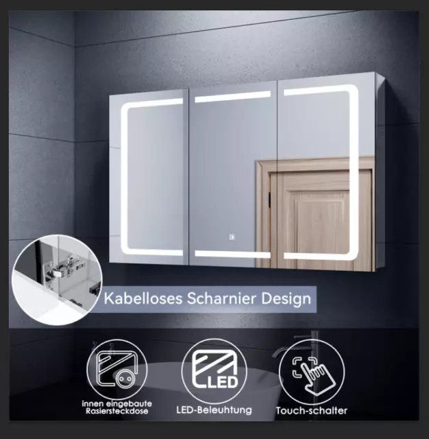 Spiegelschrank Bad mit  LED-Beleuchtung Badschrank Steckdose Badspiegel 100 cm