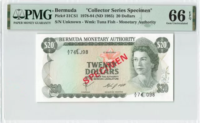 BERMUDA $20 Dollars 1984, P-31CS1 Collector Series Specimen, PMG 66 EPQ Gem UNC