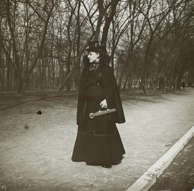Femme Mode Sac à main c1900 Photo Stereo Plaque de Verre Vintage 