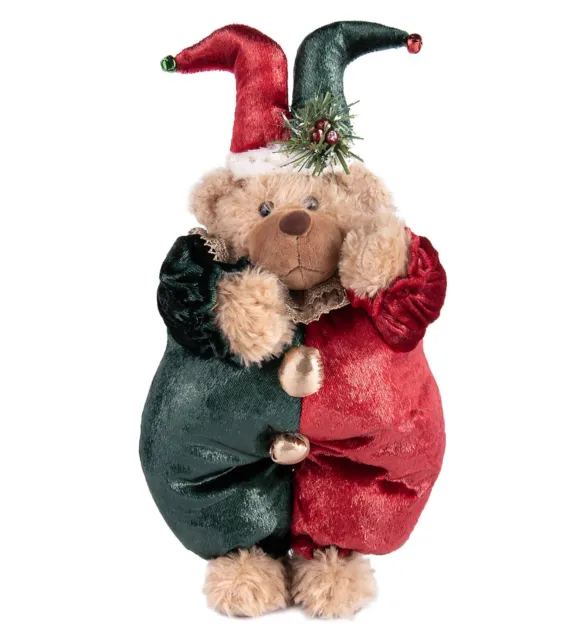 16" Jester Bear Doll, Bear Clown Doll, Bear Christmas Figurine, Red & Green