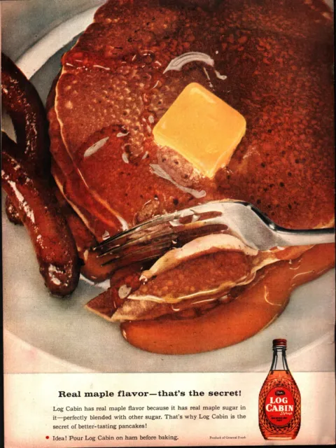 1956 Log Cabin Syrup Maple Flavor Breakfast Sausages Vintage Print Ad b3
