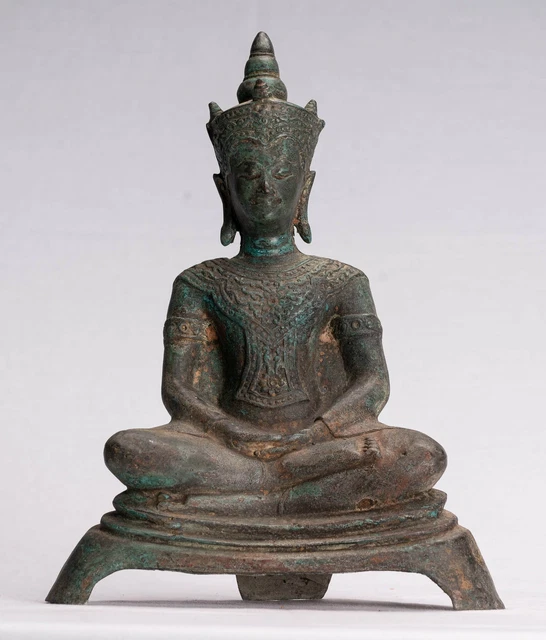 Ancien Thai Style Assis Bronze Ayutthaya Méditation Statue de Bouddha - 26cm/10