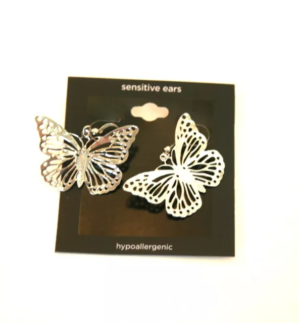 Sensitive Ears shiny stainless steel open lace butterfly dangle earrings 1 1/2"