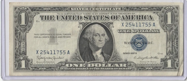 1957 B $1 Dollar Silver Certificate Blue Seal (Circulated) (X25411755A) 