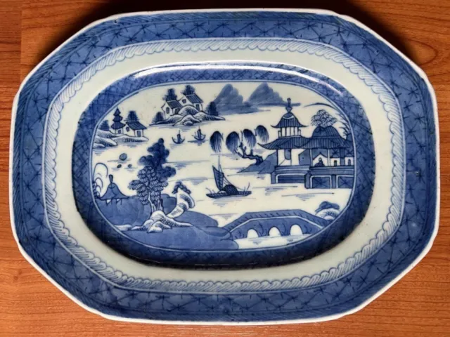 Antique  Chinese export blue & white porcelain Oval  plate landscape Qianlong