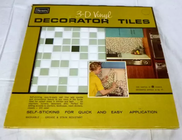 NOS Vtg 60s Box of 8 Sears 3D Vinyl Decorator Tiles Fern Green Self Stick 12"