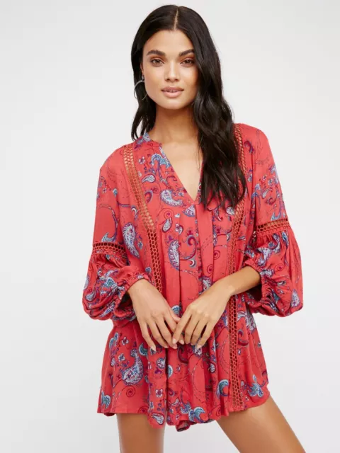 Free People Just The Two Of Us Paisley Printed Tunic In Red Pink Combo Size XS