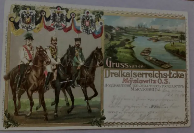 Myslowitz-Dreikaiserreichs-Ecke Preußen, KuK, Russland,Farbpräge-AK -1904 gel.