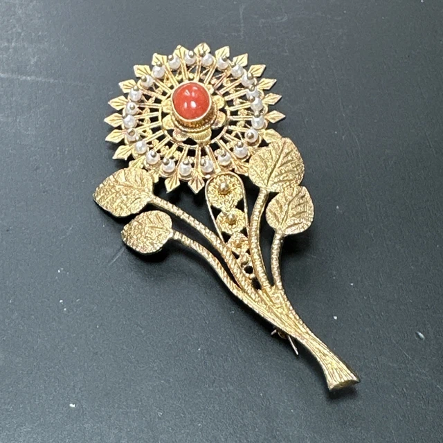 Ancienne Broche En Argent Massif Art Déco Nouveau fleurs de Perle Et corail