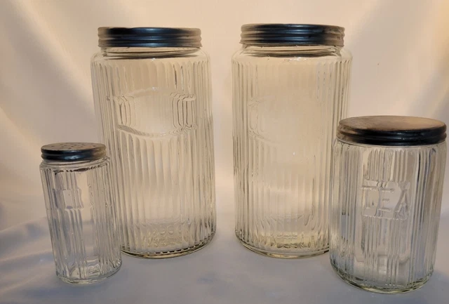 Vintage Set of 4 HOOSIER Ribbed Glass Clear Canisters with Tin Screw Lid