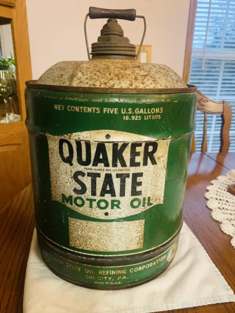 Vintage Quaker State 5 Gallon Motor Oil Can w Wooden Handle 1940S 1950S