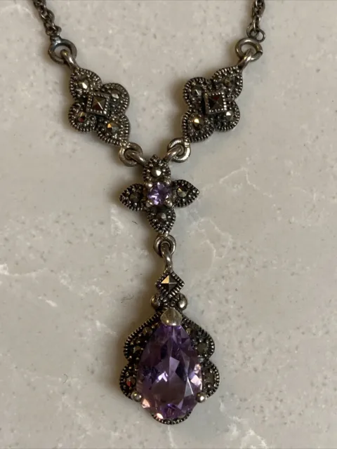 Vtg Sterling Silver 925 Necklace Pendant Amethyst & Marcasite 16” 1.5” Pendant