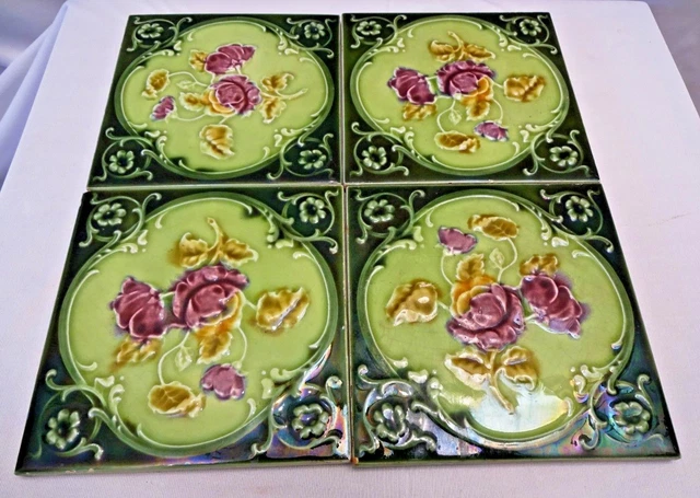 Ancien Carreau Majolique Art Nouveau Violet Rose Fleur England Porcelaine Décor