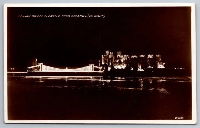 RPPC Conway Bridge & Castle By Night Conwy N Wales United Kingdom Postcard N271