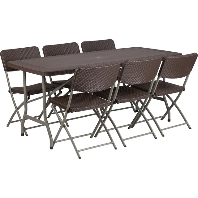 Flash Commercial-Grade Plastic Rattan Folding Table & 6-pc Chair Set- Brown