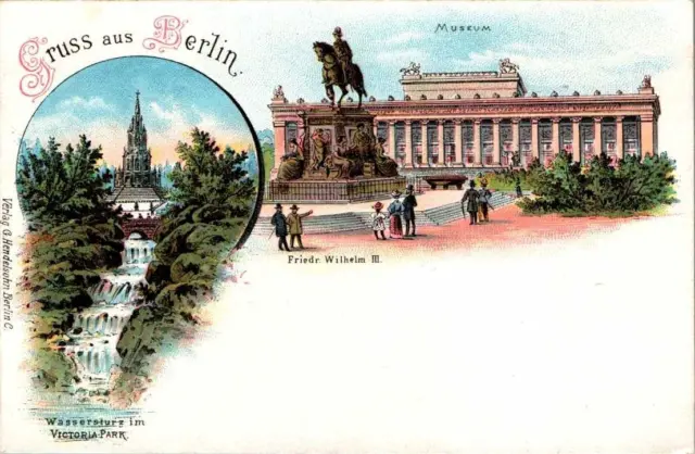 LITHO GRUß AUS BERLIN MUSEUM + F. WILHELM DENKMAL 3 BILD COL. UM 1900