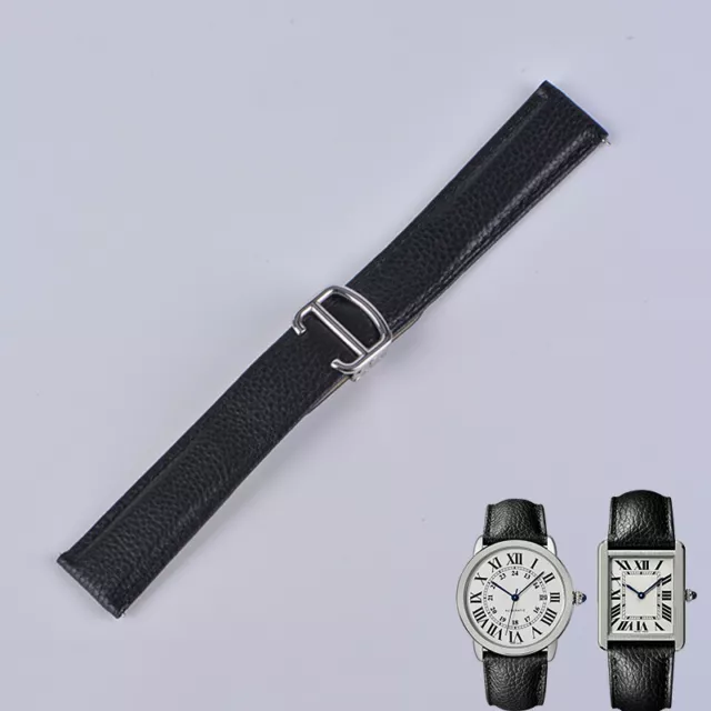 16 - 25MM Leather Watch Band For CARTIER Must de Cartier Tank Black With Buckle