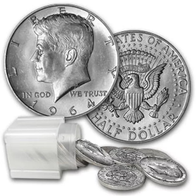 1964 Kennedy Halves $10 Face Value 90% Silver 20 Coin Roll Average Circulated