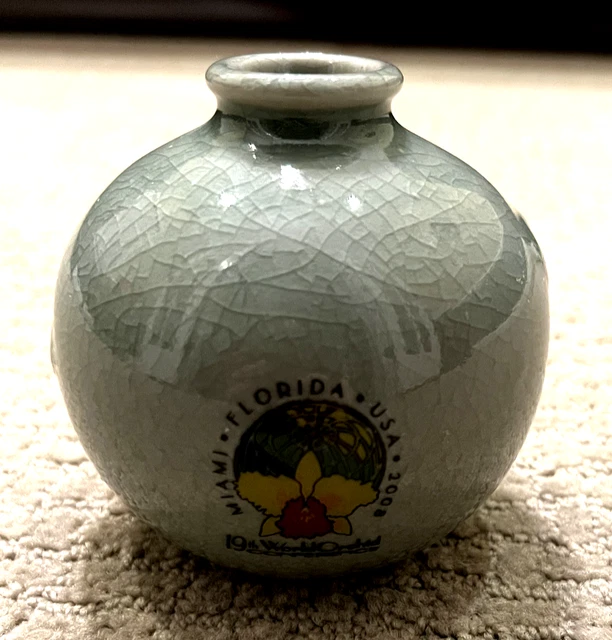 Collectable Vase from 19th World Orchid Conference | Green Crackled Glaze 4”