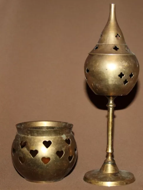 Vintage brass set incense burner censer and candle holder