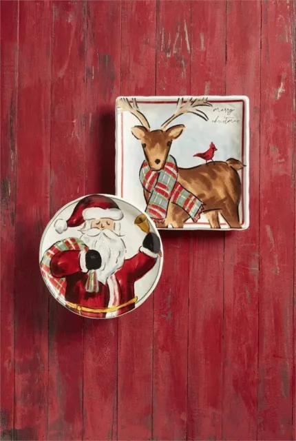 New Mud Pie Santa & Reindeer Platter Set - Santa 12” Dia Reindeer 13”x13”