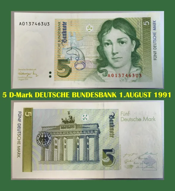 Ⓜ️ 5 Deutsche Mark ☘️ 1.August 1991 💥💥💥 DM Schein Bundesbank 🍄 A0137463U3 🌐
