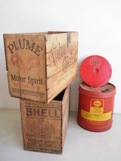 Vintage Shell Oil Tin Drum Wooden Box Tank Lid Petrol Cast Plume Crate