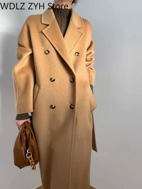 20%Cashmere Coat Mid-length Loose Wool Coat Women Ripple Fashion Double Breasted