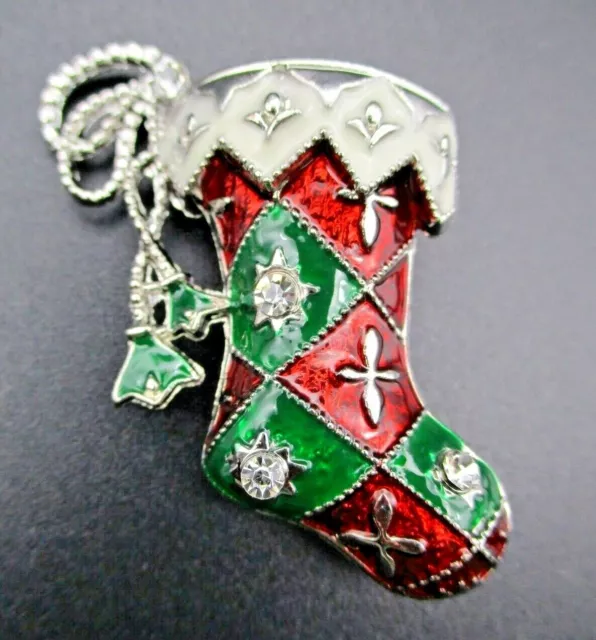 Victorian Style Christmas Stocking Fashion Brooch Pin Rhinestones Enamel