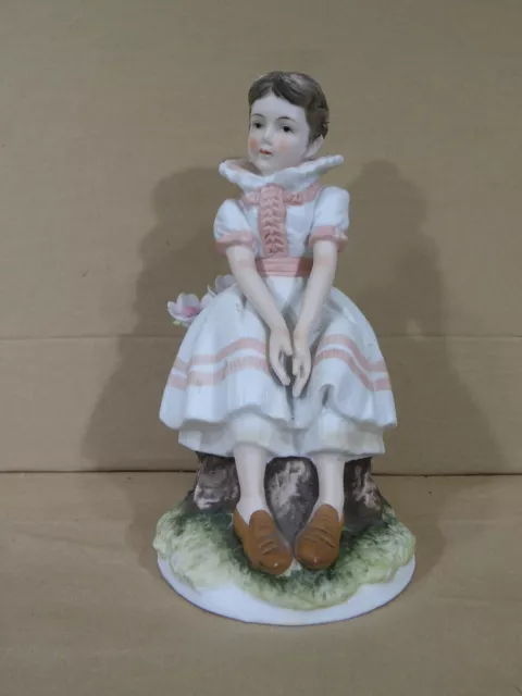 Lefton China Figurine Girl on Stump 6.75" White Pink Dress KW6699 Hand Painted