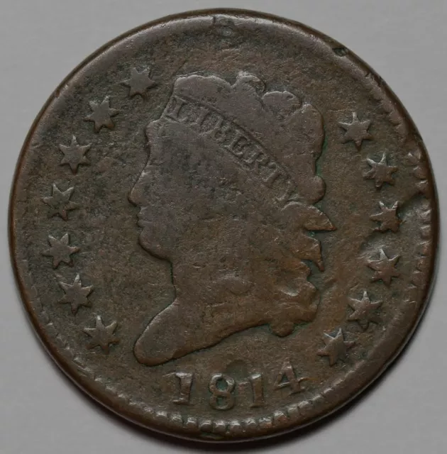 1814 Classic Head Large Cent - Plain 4 - Damage - US 1c Copper Penny Coin - L39