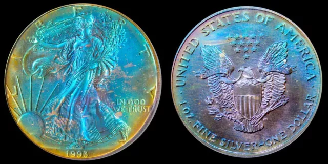 1993-P Pcgs Ms69 Silver Eagle $ Wow! Vibrant Deep Toned Superb Rainbow