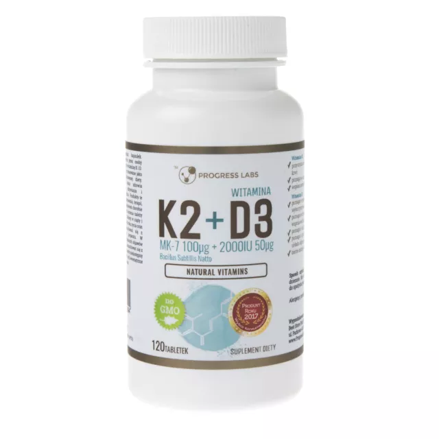 Progress Labs Vitamin K2 MK-7 from Natto 100mcg + D3 2000IU 50mcg 120 Tabletten