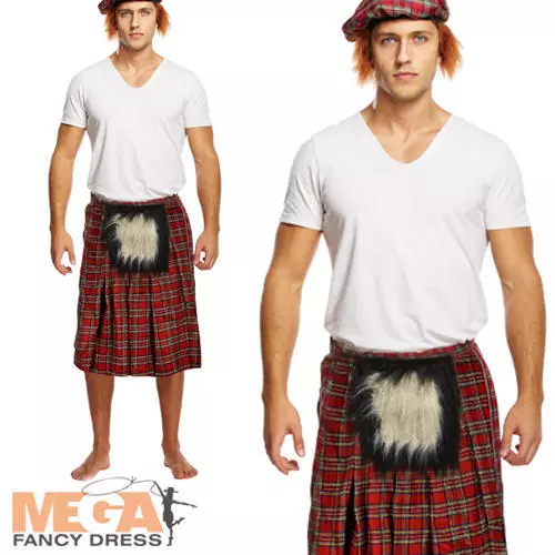 Tartan Kilt with Sporran Mens Fancy Dress Scottish Stag Night Adults Costume New