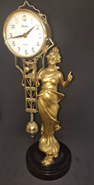 Vintage Linden Japan Gilt Figural Diana Swinger Mystery Clock Complete  Not Work