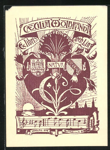 Exlibris von Carl Wolbrandt für Caecilia Wolbrandt, Herz, Notenzeile und Stadts