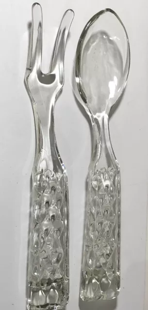Vintage Glass Salad Fork and Spoon Serving Set Crystal Clear 9 1/2” Long