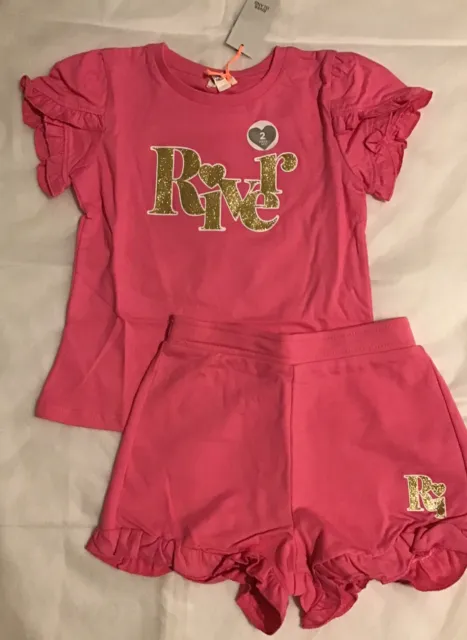 River island mini girls aged 2-3 years pink frill glitter logo shorts set BNWT